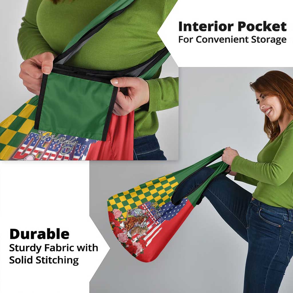 Kentucky Horses Racing Grocery Bag US Flag Grunge and Check Pattern Green Color