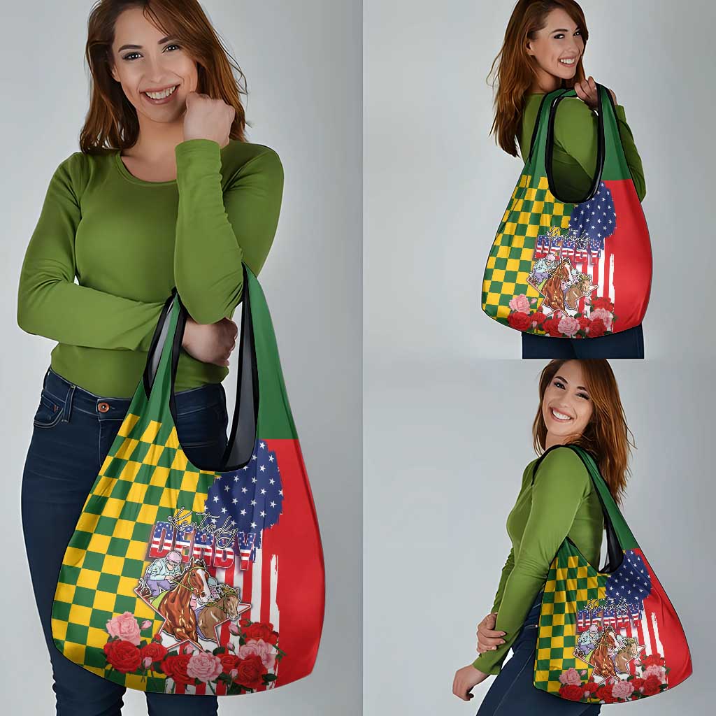 Kentucky Horses Racing Grocery Bag US Flag Grunge and Check Pattern Green Color