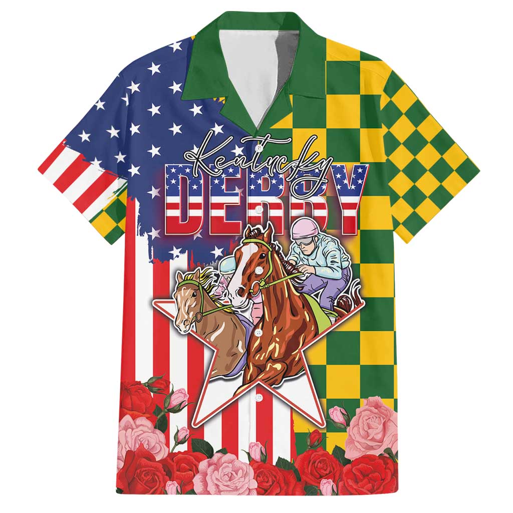 Kentucky Horses Racing Hawaiian Shirt US Flag Grunge and Check Pattern Green Color