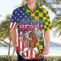 Kentucky Horses Racing Hawaiian Shirt US Flag Grunge and Check Pattern Green Color