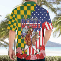 Kentucky Horses Racing Hawaiian Shirt US Flag Grunge and Check Pattern Green Color