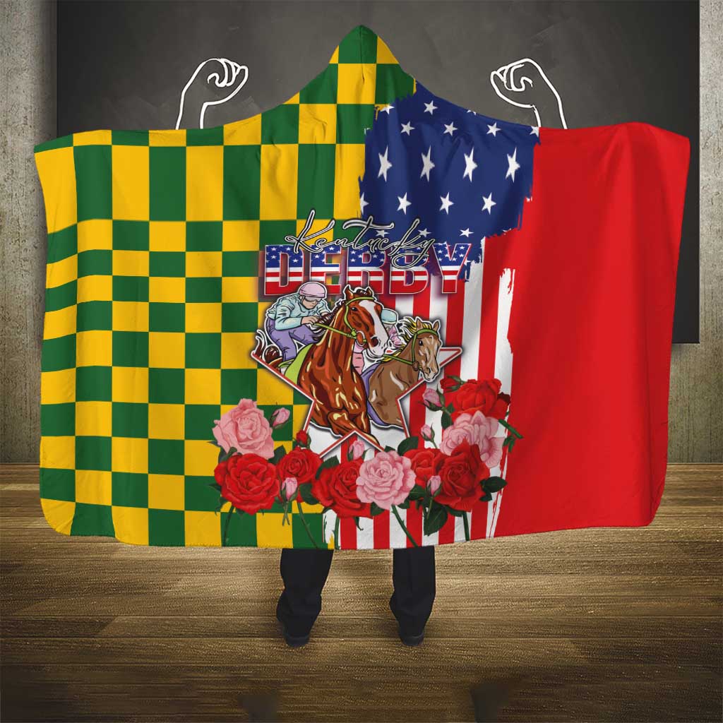 Kentucky Horses Racing Hooded Blanket US Flag Grunge and Check Pattern Green Color