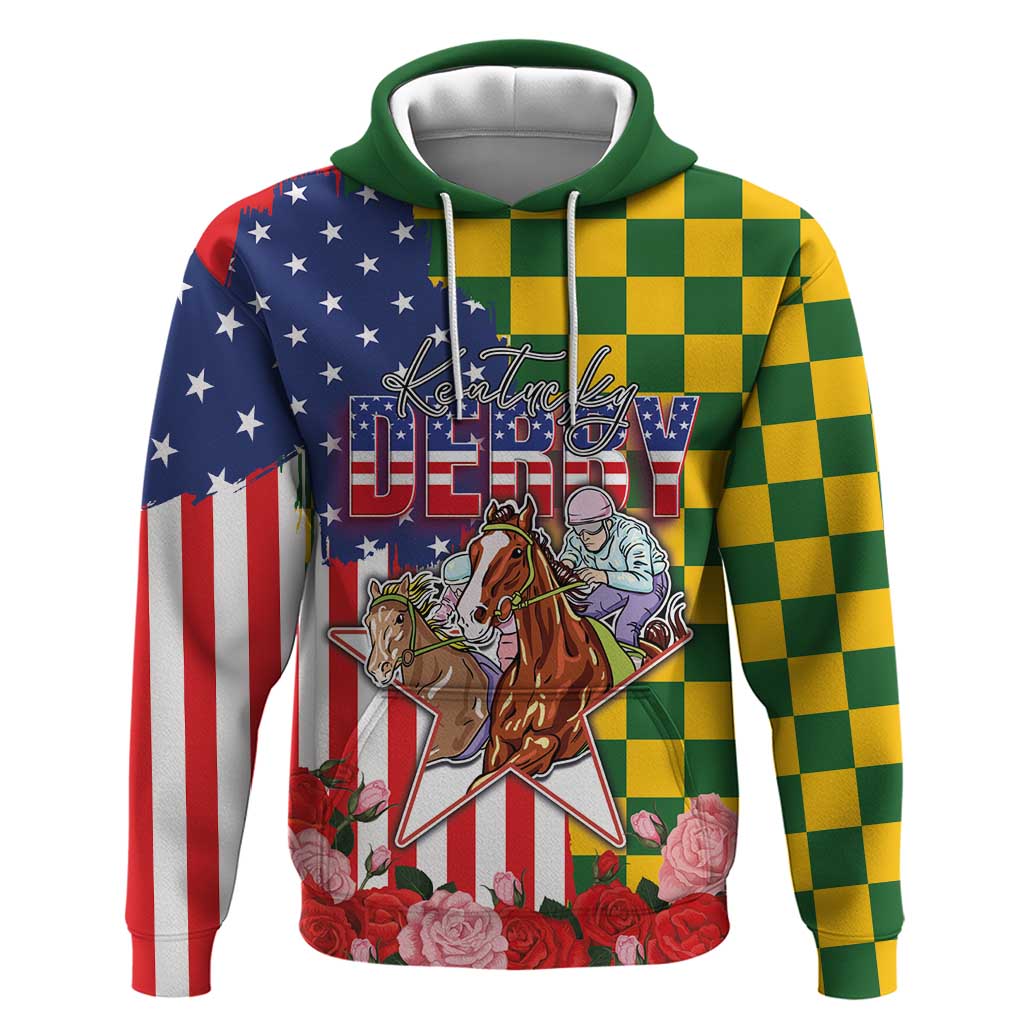 Kentucky Horses Racing Hoodie US Flag Grunge and Check Pattern Green Color