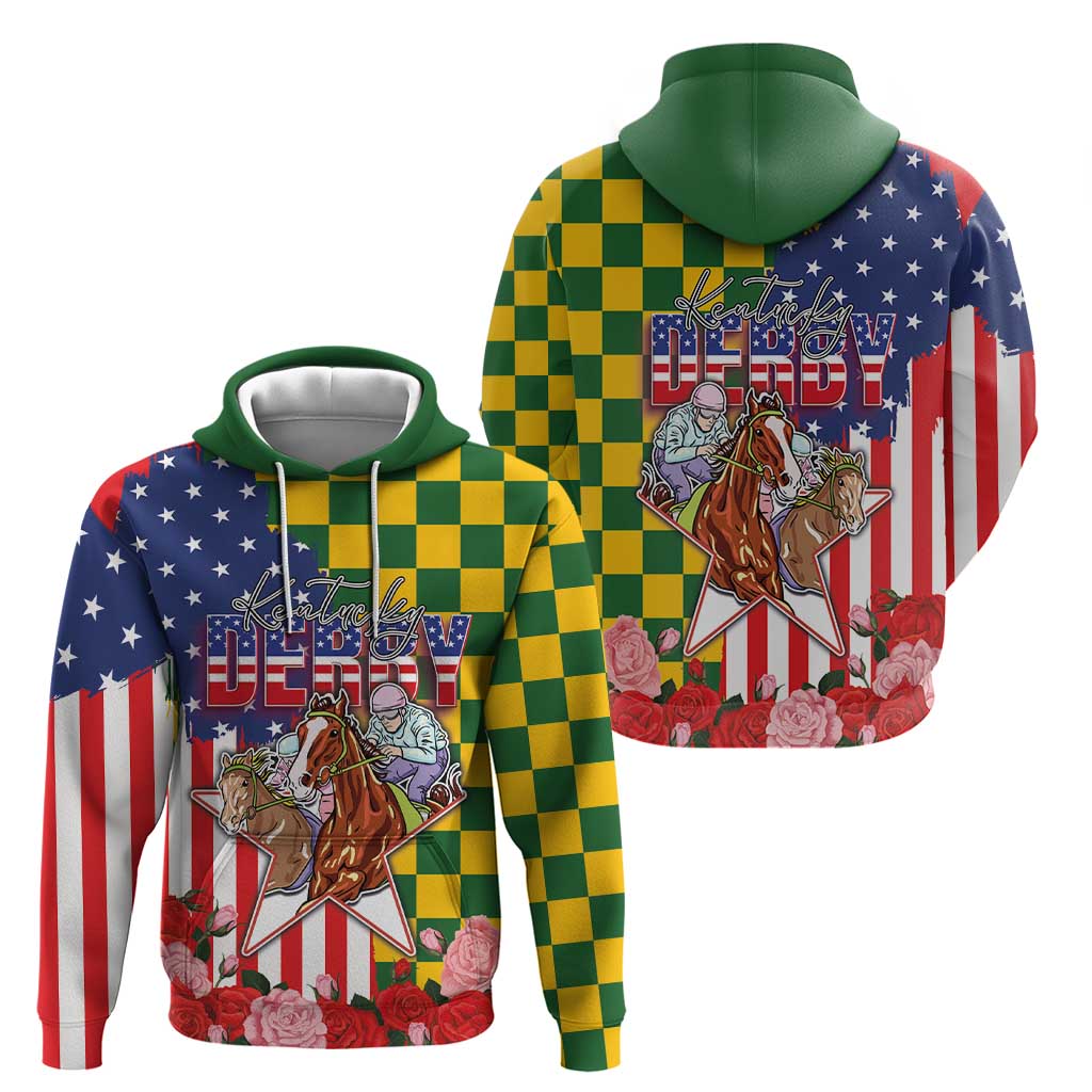 Kentucky Horses Racing Hoodie US Flag Grunge and Check Pattern Green Color