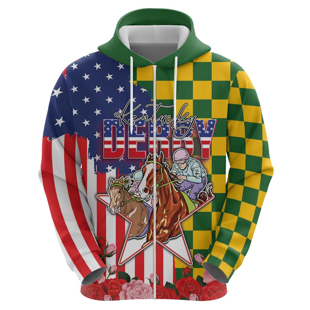 Kentucky Horses Racing Hoodie US Flag Grunge and Check Pattern Green Color