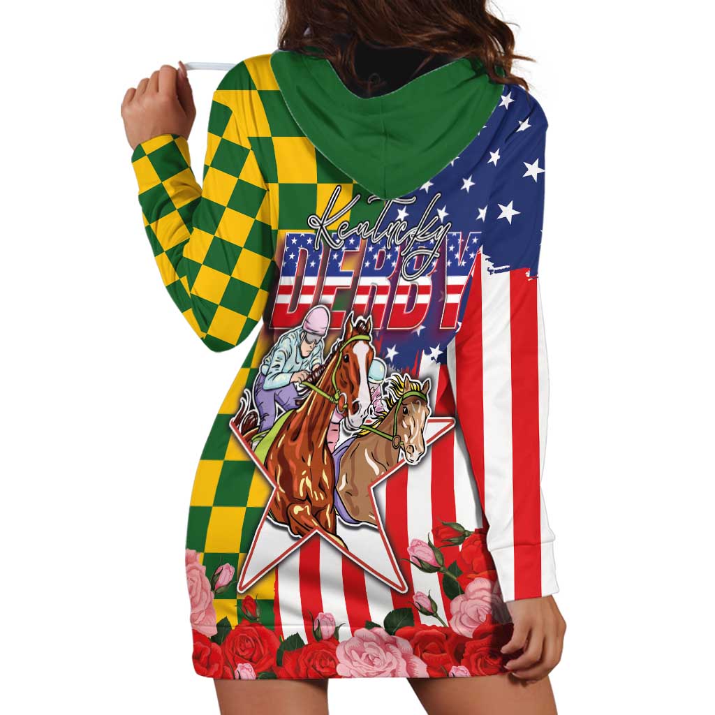 Kentucky Horses Racing Hoodie Dress US Flag Grunge and Check Pattern Green Color
