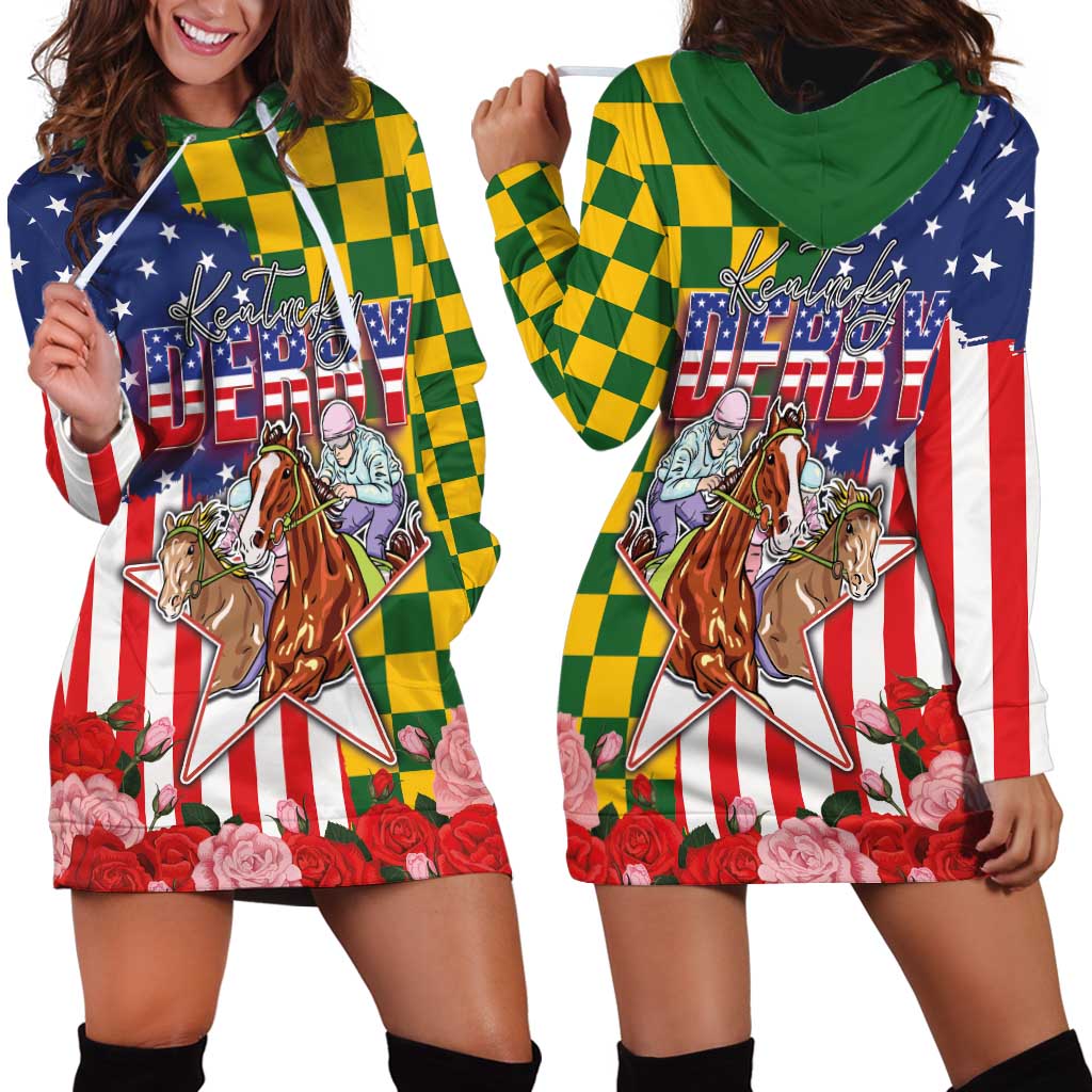 Kentucky Horses Racing Hoodie Dress US Flag Grunge and Check Pattern Green Color