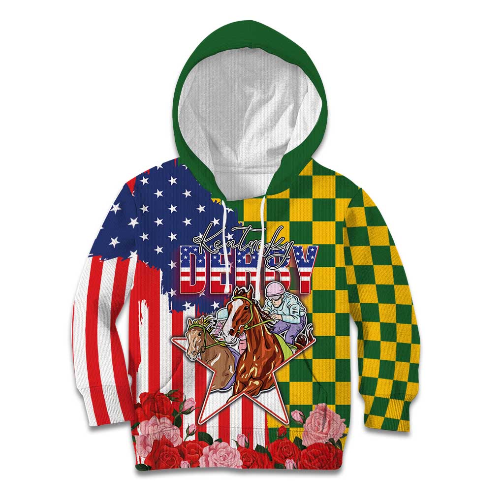 Kentucky Horses Racing Kid Hoodie US Flag Grunge and Check Pattern Green Color