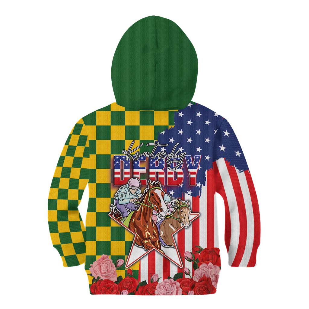 Kentucky Horses Racing Kid Hoodie US Flag Grunge and Check Pattern Green Color