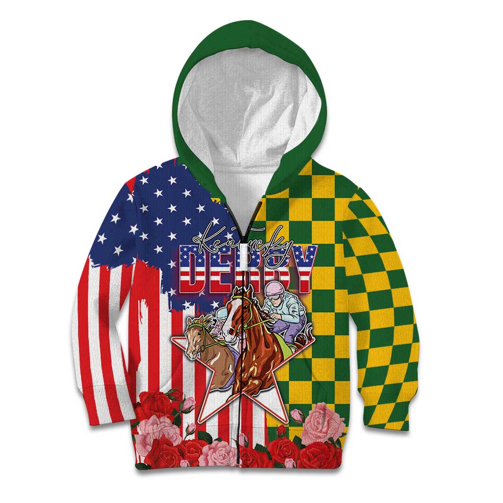 Kentucky Horses Racing Kid Hoodie US Flag Grunge and Check Pattern Green Color