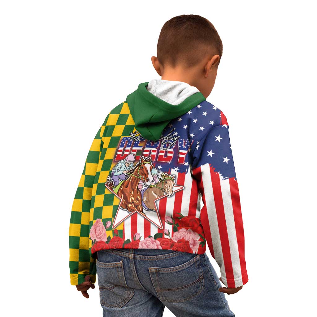 Kentucky Horses Racing Kid Hoodie US Flag Grunge and Check Pattern Green Color