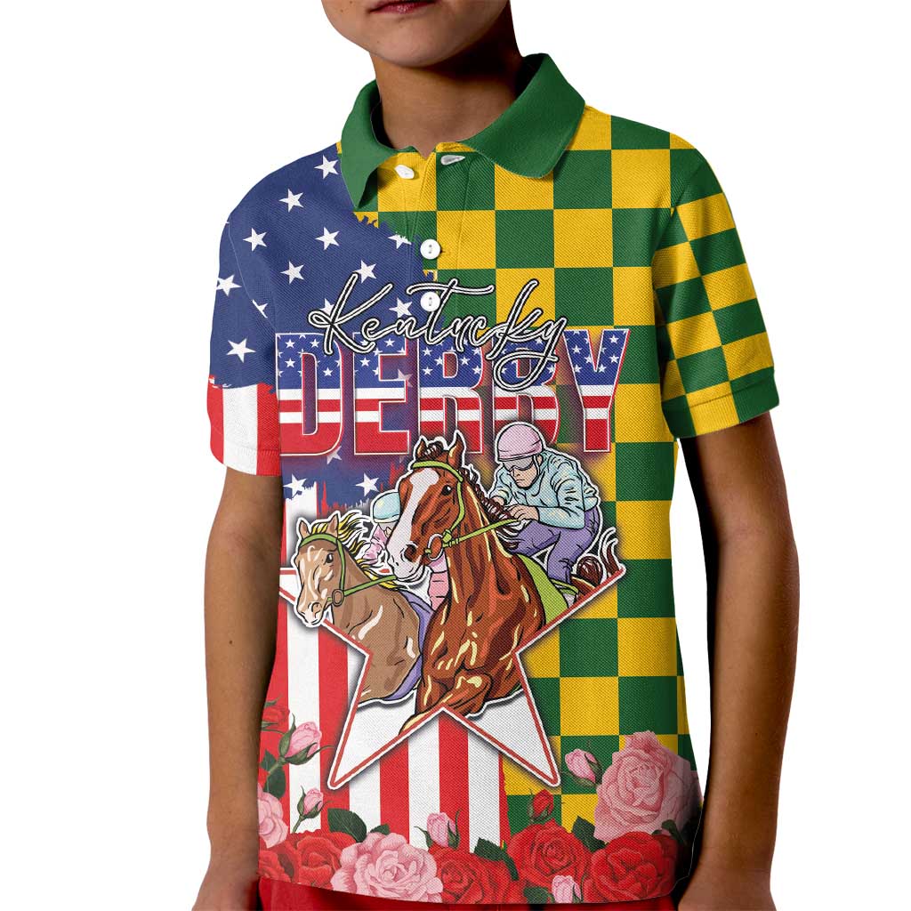 Kentucky Horses Racing Kid Polo Shirt US Flag Grunge and Check Pattern Green Color