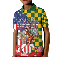 Kentucky Horses Racing Kid Polo Shirt US Flag Grunge and Check Pattern Green Color