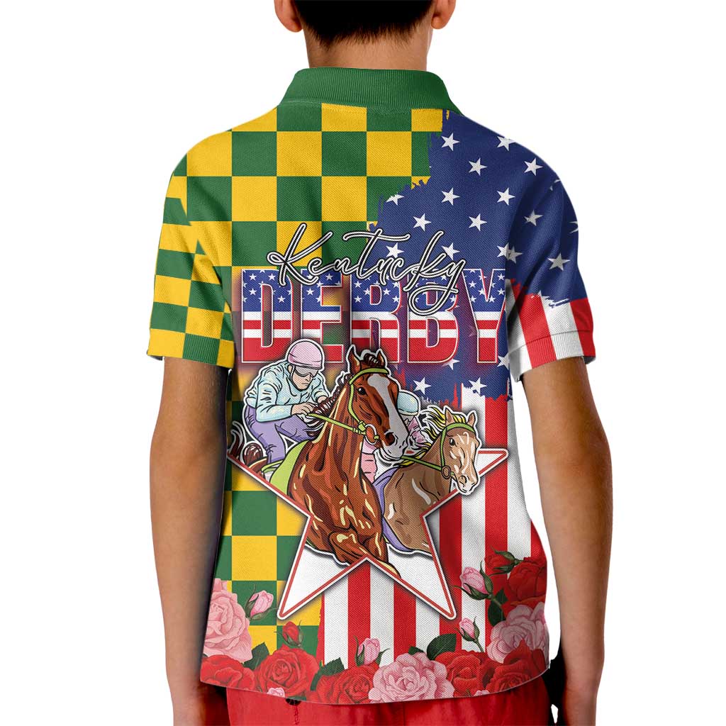 Kentucky Horses Racing Kid Polo Shirt US Flag Grunge and Check Pattern Green Color