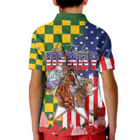 Kentucky Horses Racing Kid Polo Shirt US Flag Grunge and Check Pattern Green Color