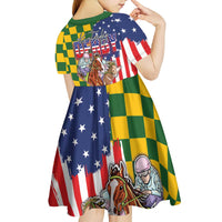 Kentucky Horses Racing Kid Short Sleeve Dress US Flag Grunge and Check Pattern Green Color