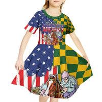 Kentucky Horses Racing Kid Short Sleeve Dress US Flag Grunge and Check Pattern Green Color