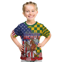 Kentucky Horses Racing Kid T Shirt US Flag Grunge and Check Pattern Green Color