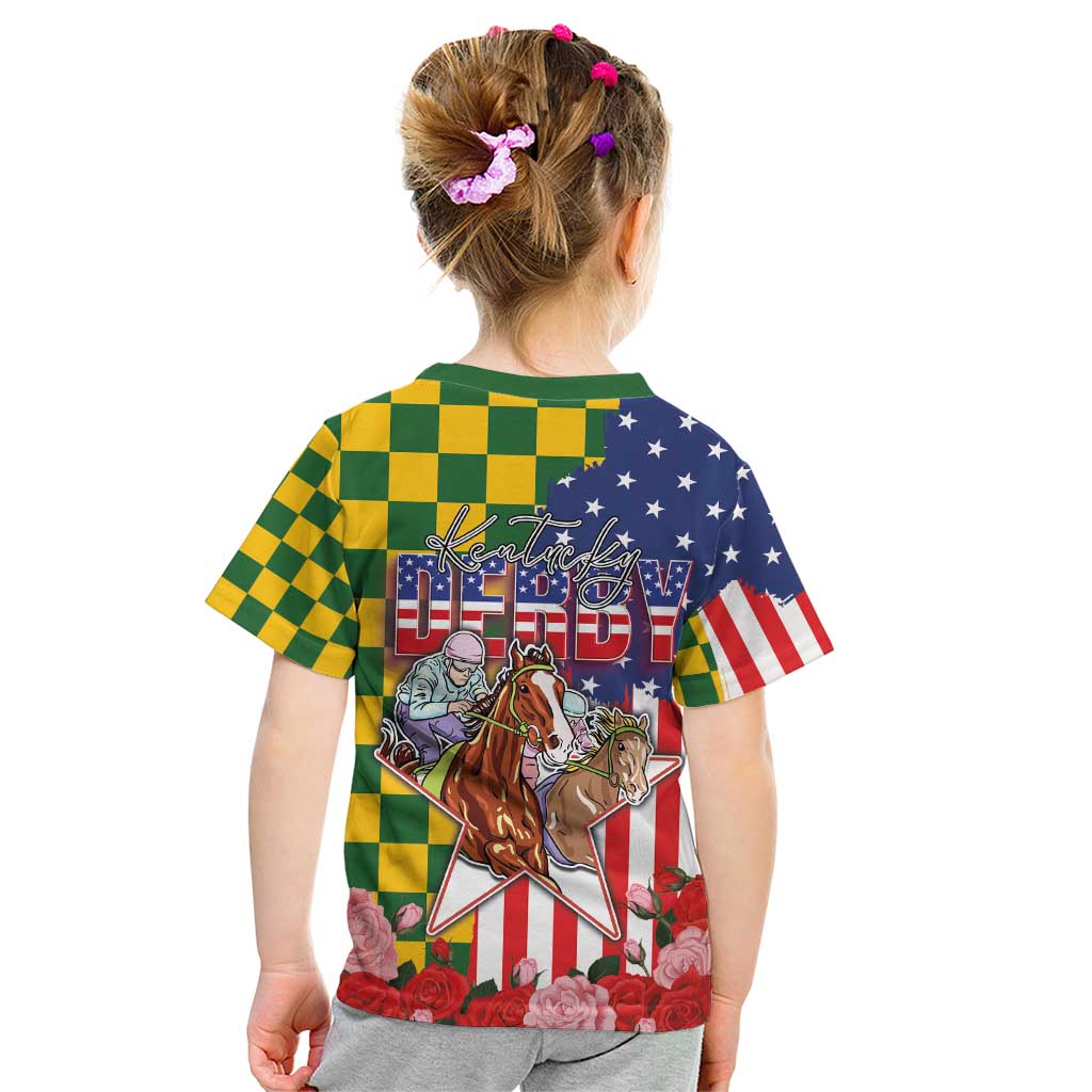 Kentucky Horses Racing Kid T Shirt US Flag Grunge and Check Pattern Green Color