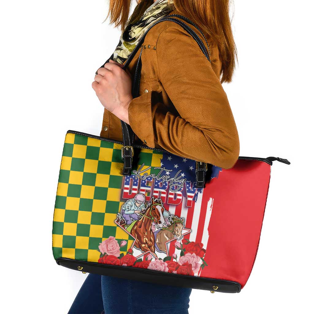 Kentucky Horses Racing Leather Tote Bag US Flag Grunge and Check Pattern Green Color