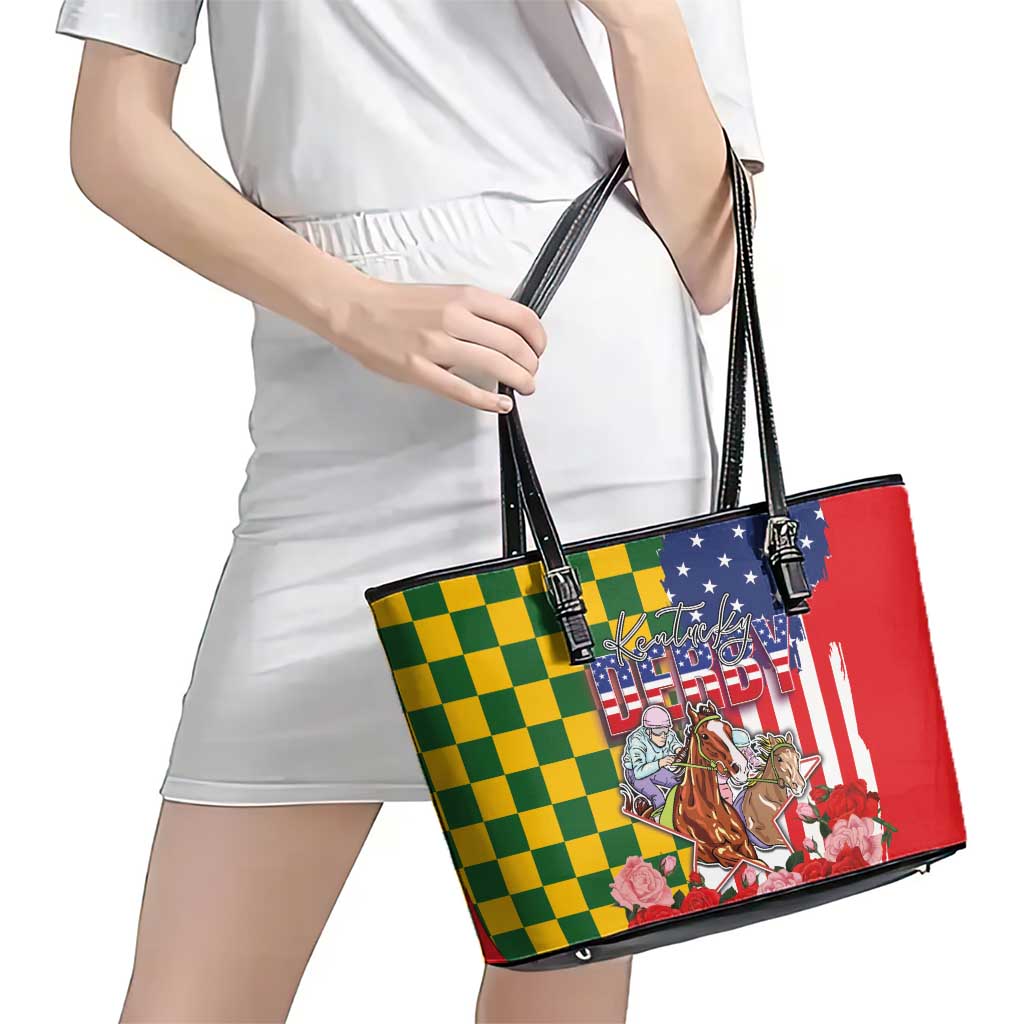 Kentucky Horses Racing Leather Tote Bag US Flag Grunge and Check Pattern Green Color