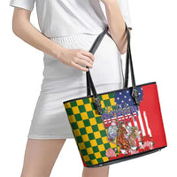 Kentucky Horses Racing Leather Tote Bag US Flag Grunge and Check Pattern Green Color