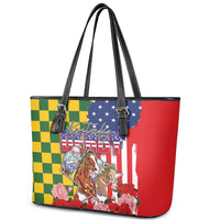 Kentucky Horses Racing Leather Tote Bag US Flag Grunge and Check Pattern Green Color