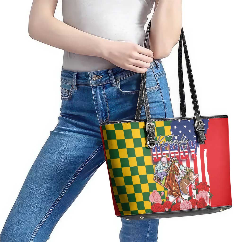 Kentucky Horses Racing Leather Tote Bag US Flag Grunge and Check Pattern Green Color