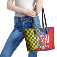 Kentucky Horses Racing Leather Tote Bag US Flag Grunge and Check Pattern Green Color