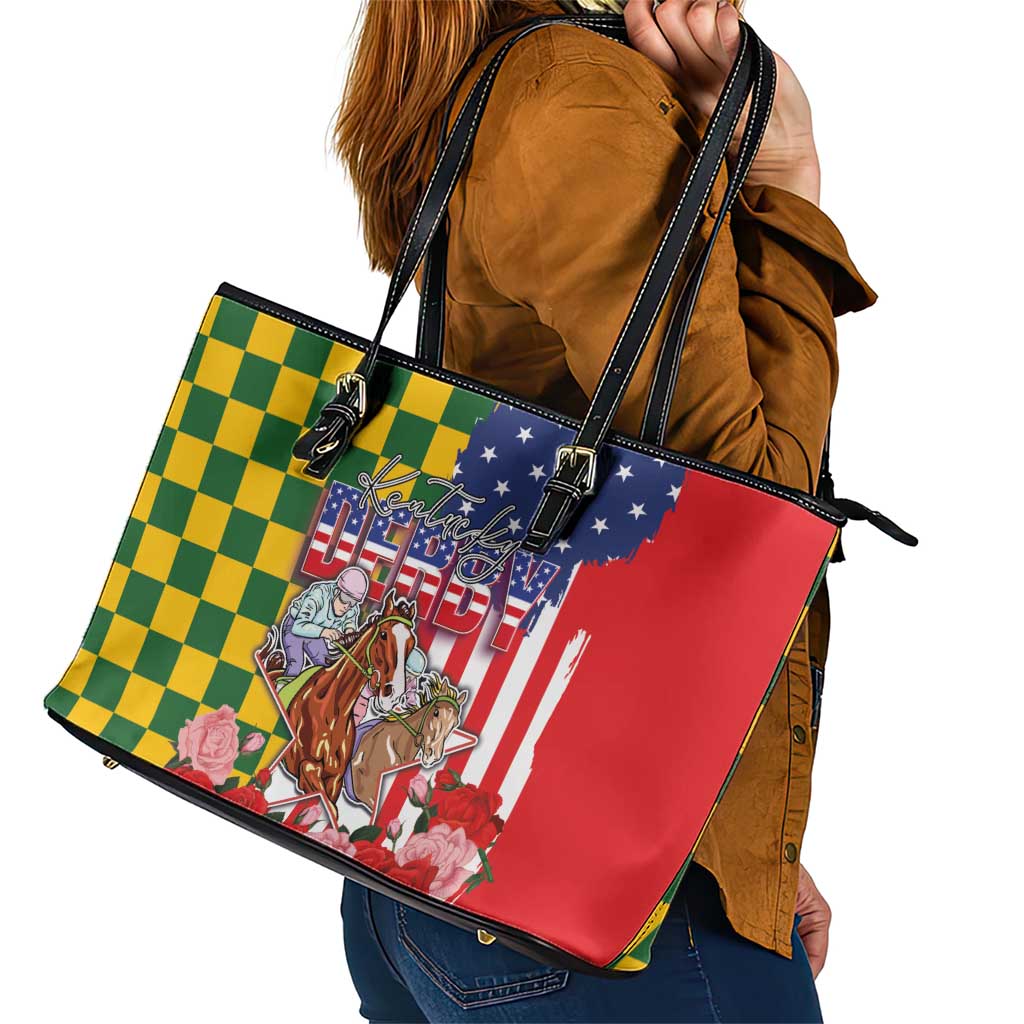 Kentucky Horses Racing Leather Tote Bag US Flag Grunge and Check Pattern Green Color
