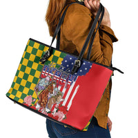Kentucky Horses Racing Leather Tote Bag US Flag Grunge and Check Pattern Green Color