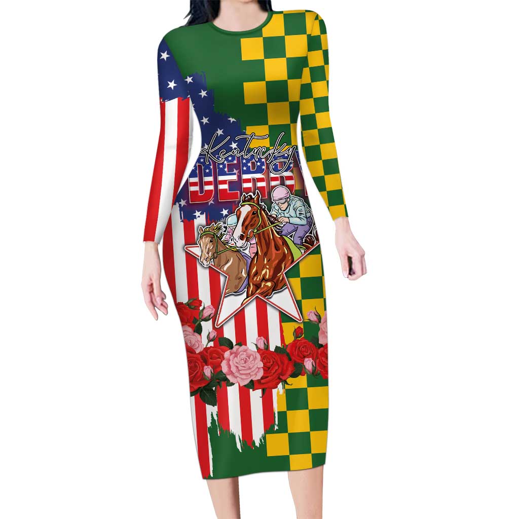 Kentucky Horses Racing Long Sleeve Bodycon Dress US Flag Grunge and Check Pattern Green Color