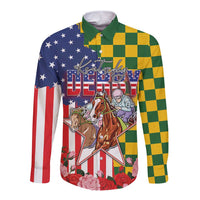 Kentucky Horses Racing Long Sleeve Button Shirt US Flag Grunge and Check Pattern Green Color