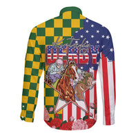 Kentucky Horses Racing Long Sleeve Button Shirt US Flag Grunge and Check Pattern Green Color