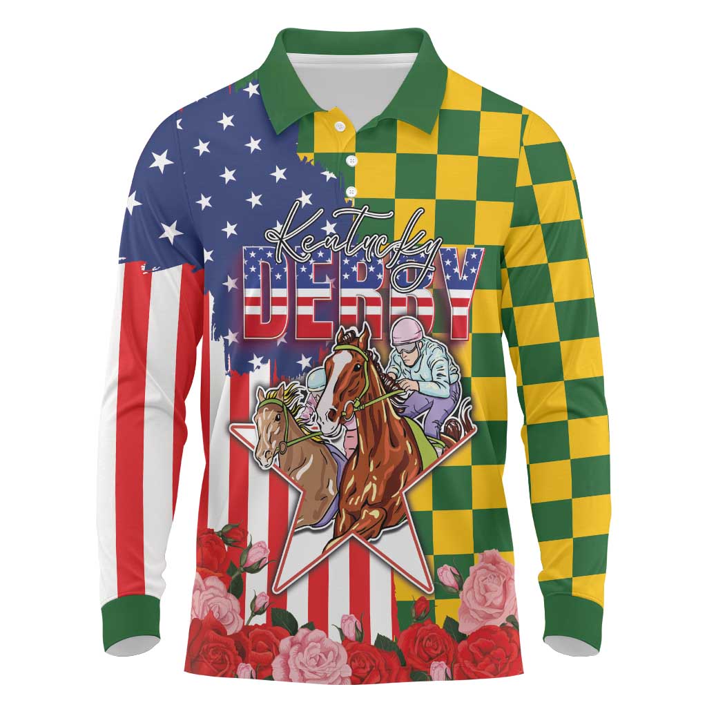 Kentucky Horses Racing Long Sleeve Polo Shirt US Flag Grunge and Check Pattern Green Color