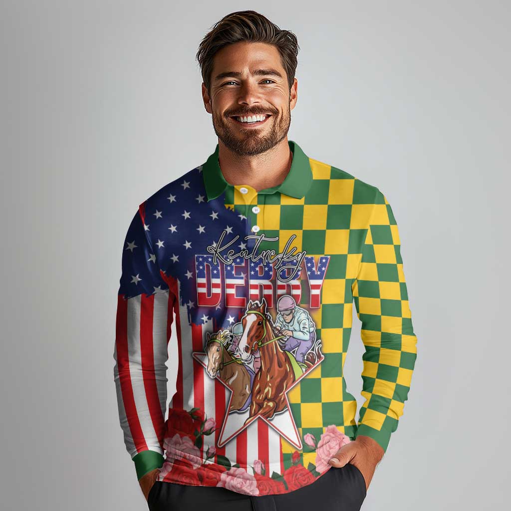 Kentucky Horses Racing Long Sleeve Polo Shirt US Flag Grunge and Check Pattern Green Color