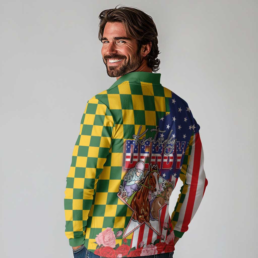 Kentucky Horses Racing Long Sleeve Polo Shirt US Flag Grunge and Check Pattern Green Color