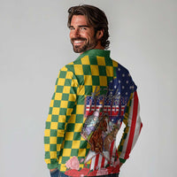 Kentucky Horses Racing Long Sleeve Polo Shirt US Flag Grunge and Check Pattern Green Color