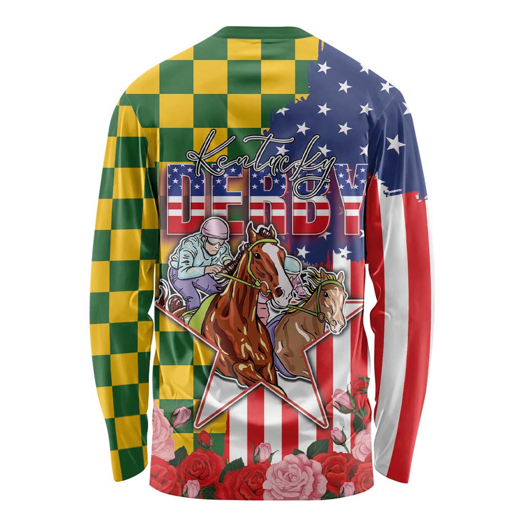 Kentucky Horses Racing Long Sleeve Shirt US Flag Grunge and Check Pattern Green Color