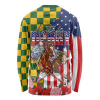 Kentucky Horses Racing Long Sleeve Shirt US Flag Grunge and Check Pattern Green Color