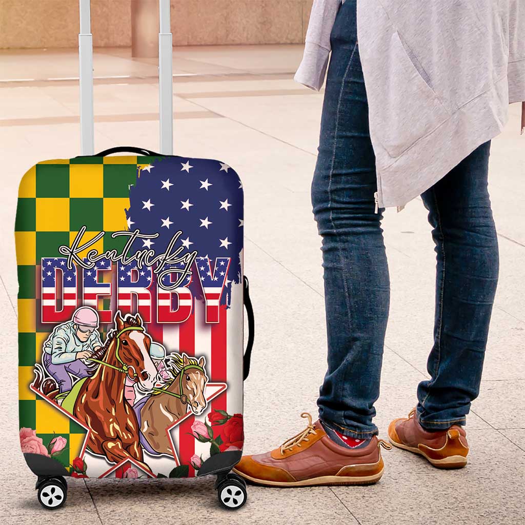 Kentucky Horses Racing Luggage Cover US Flag Grunge and Check Pattern Green Color