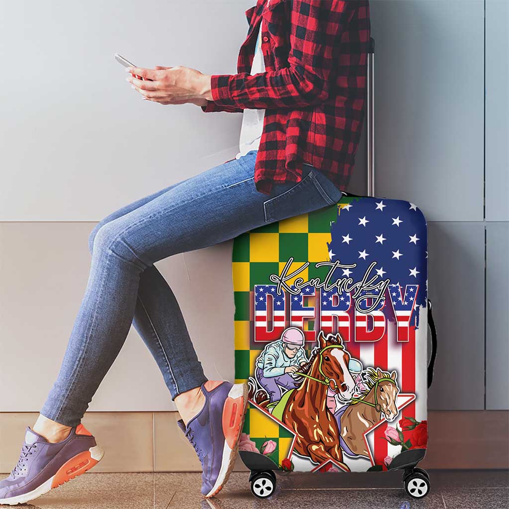 Kentucky Horses Racing Luggage Cover US Flag Grunge and Check Pattern Green Color