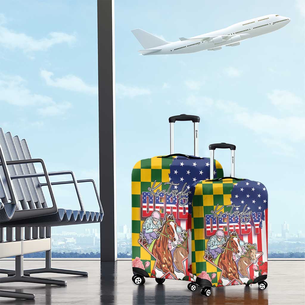 Kentucky Horses Racing Luggage Cover US Flag Grunge and Check Pattern Green Color