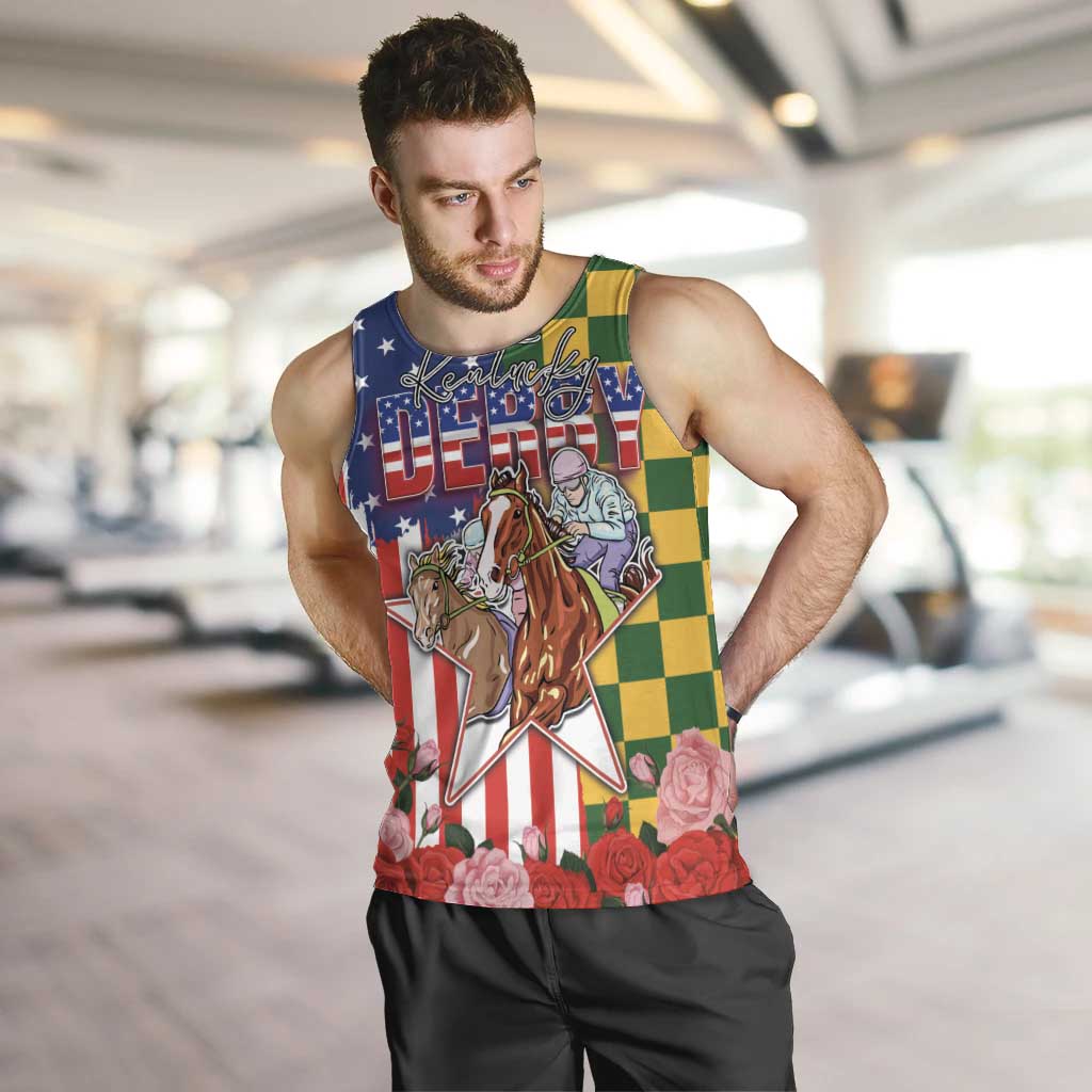 Kentucky Horses Racing Men Tank Top US Flag Grunge and Check Pattern Green Color