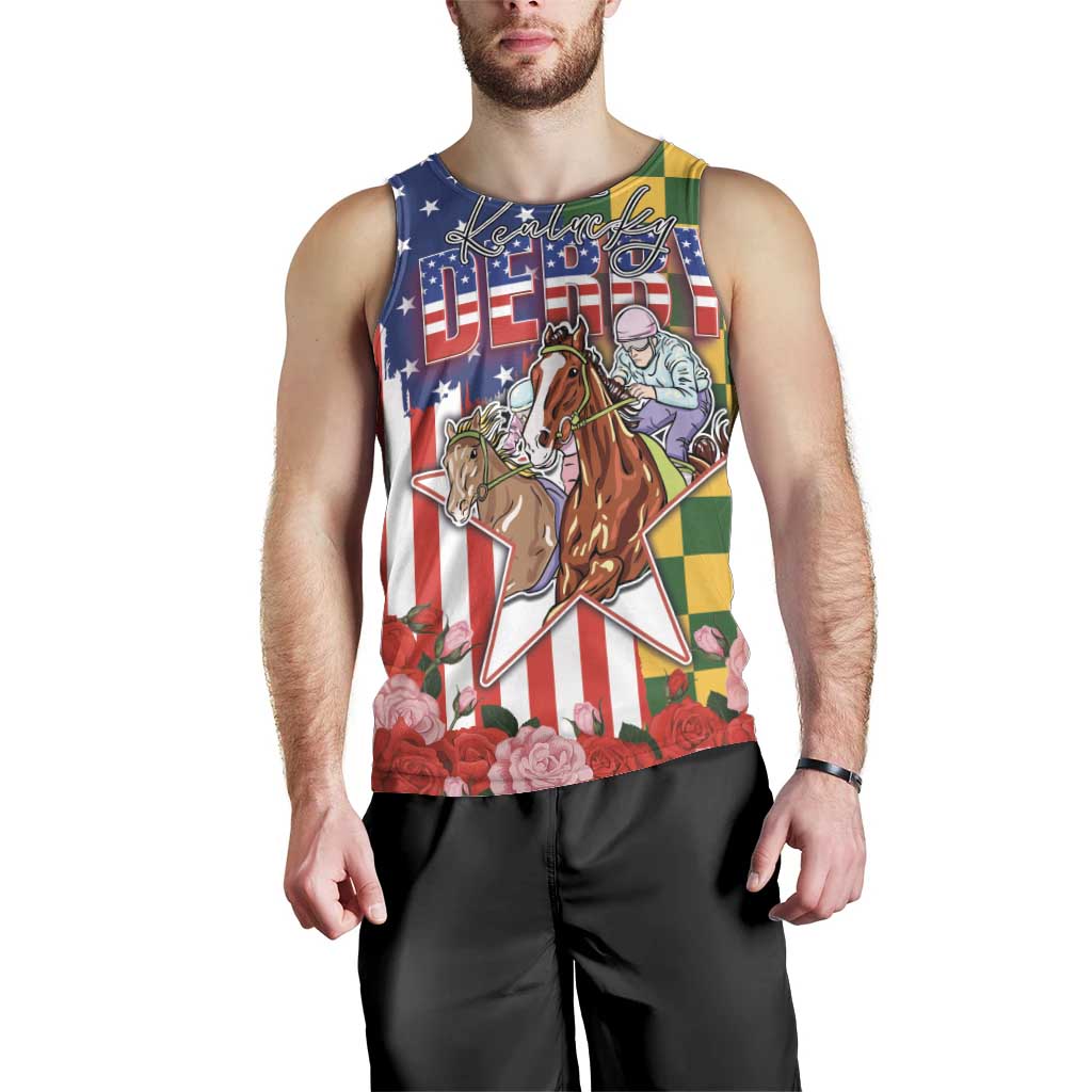Kentucky Horses Racing Men Tank Top US Flag Grunge and Check Pattern Green Color
