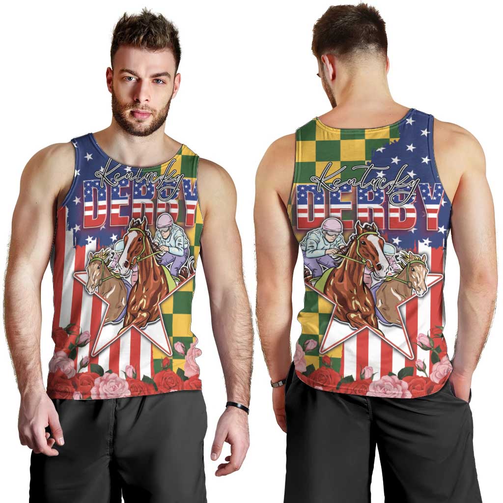 Kentucky Horses Racing Men Tank Top US Flag Grunge and Check Pattern Green Color