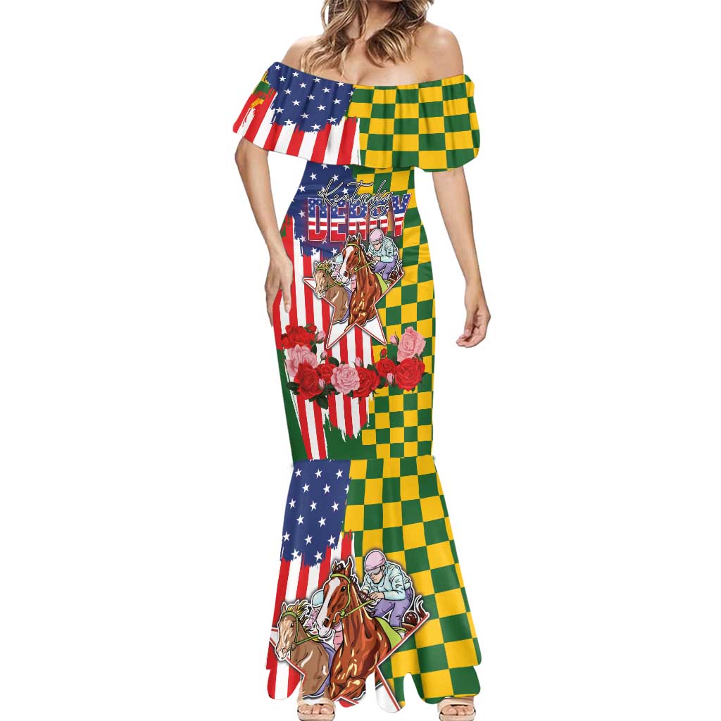 Kentucky Horses Racing Mermaid Dress US Flag Grunge and Check Pattern Green Color