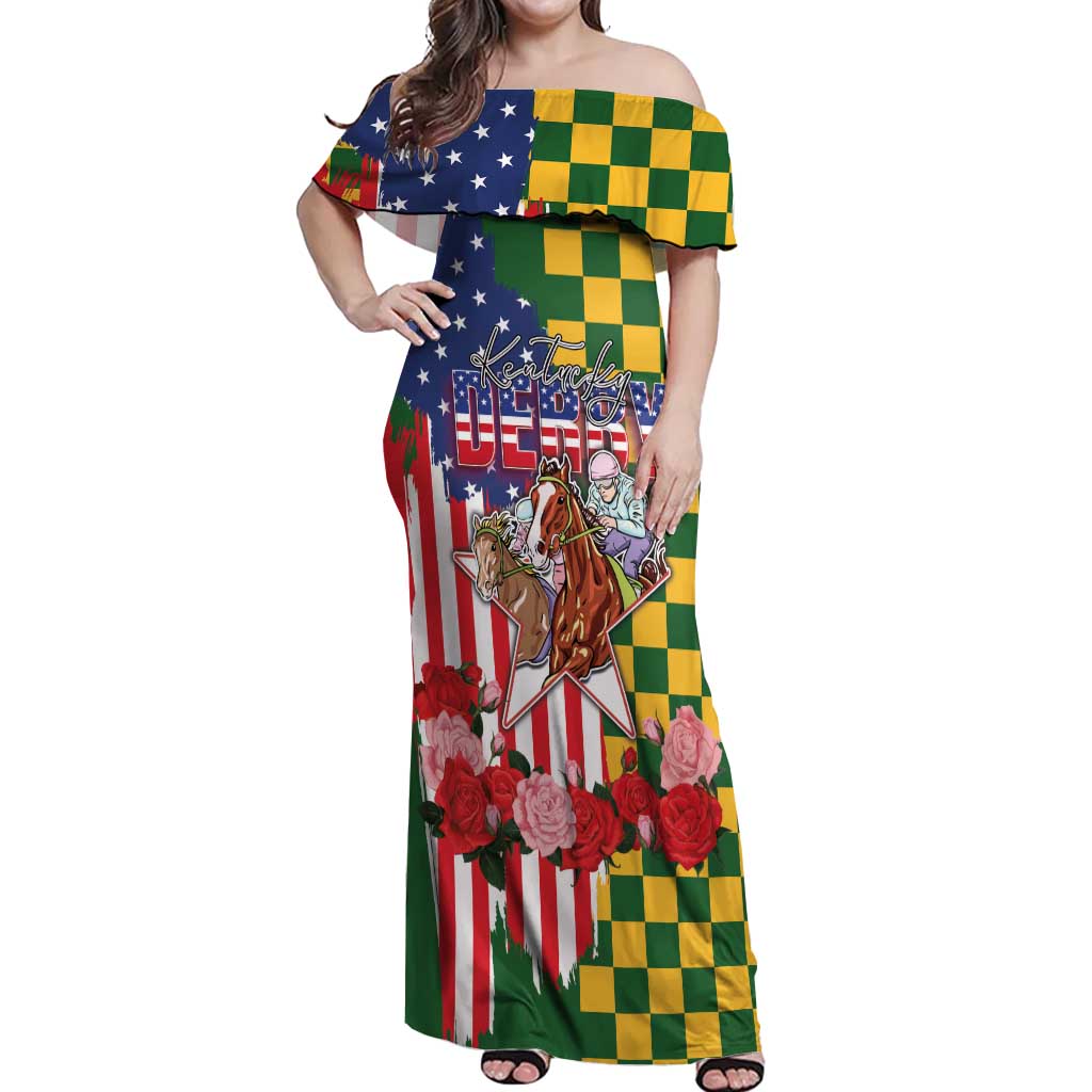 Kentucky Horses Racing Off Shoulder Maxi Dress US Flag Grunge and Check Pattern Green Color