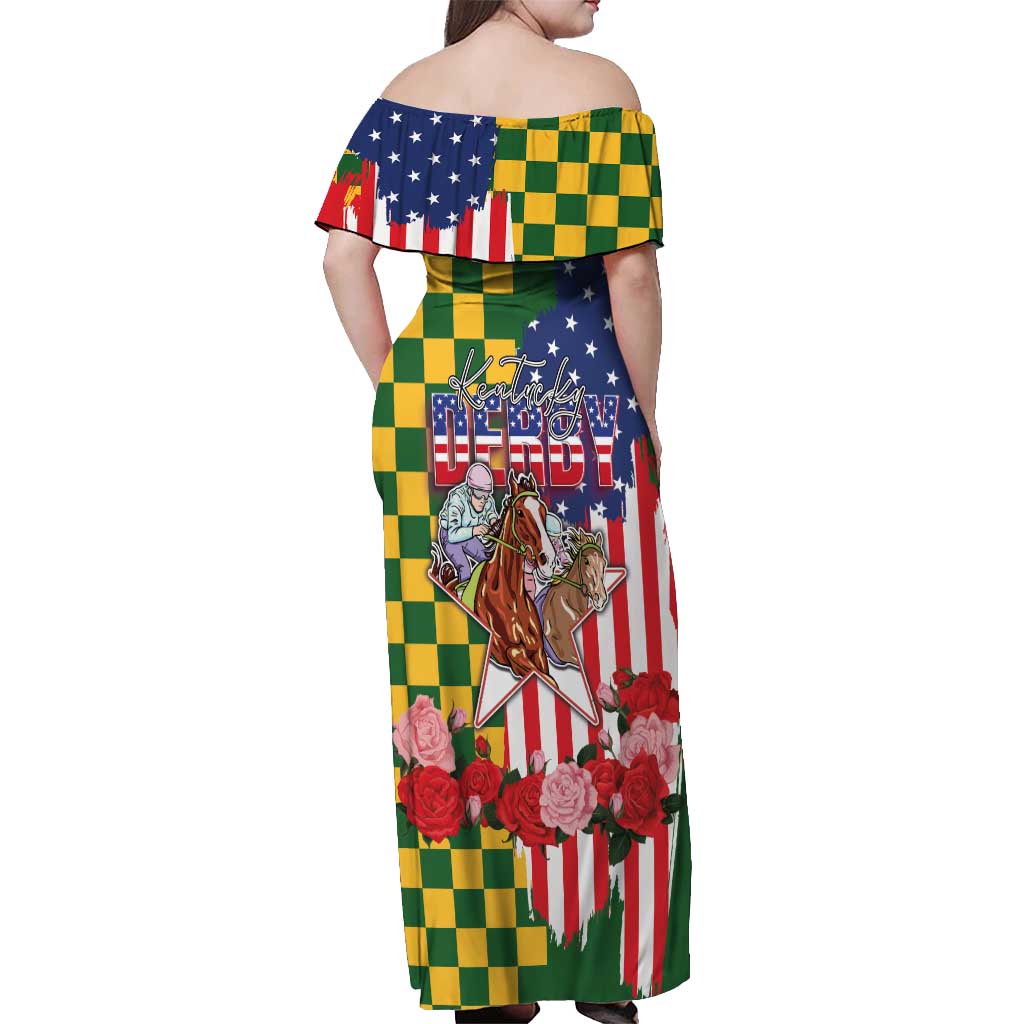 Kentucky Horses Racing Off Shoulder Maxi Dress US Flag Grunge and Check Pattern Green Color
