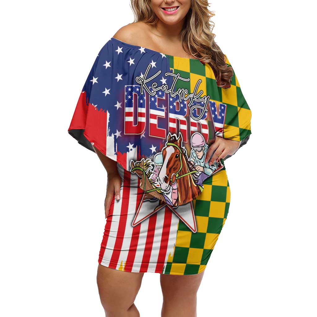 Kentucky Horses Racing Off Shoulder Short Dress US Flag Grunge and Check Pattern Green Color